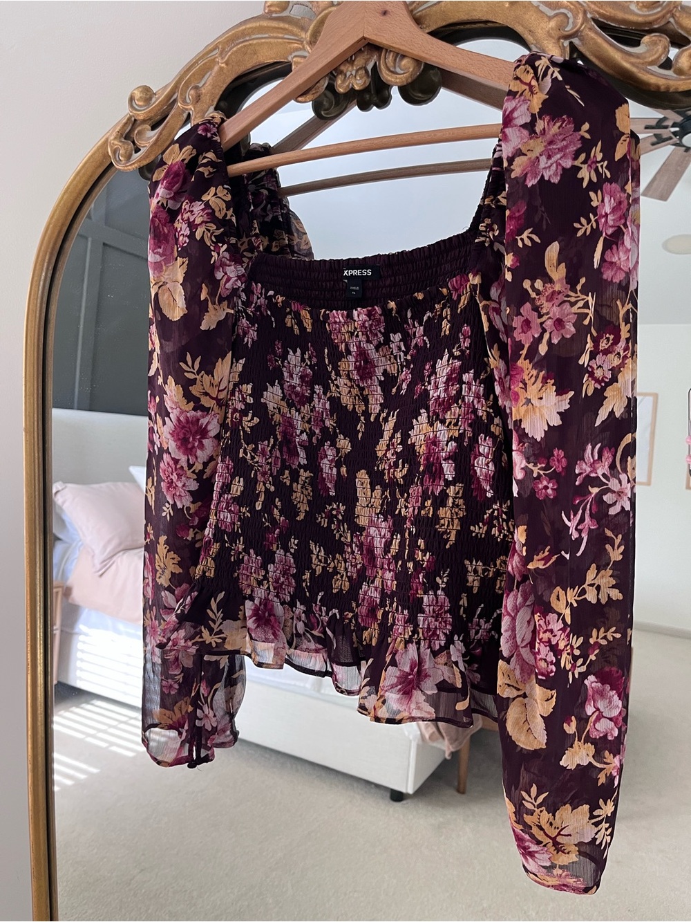 Express Burgundy Floral Smocked Long Sleeve Blouse